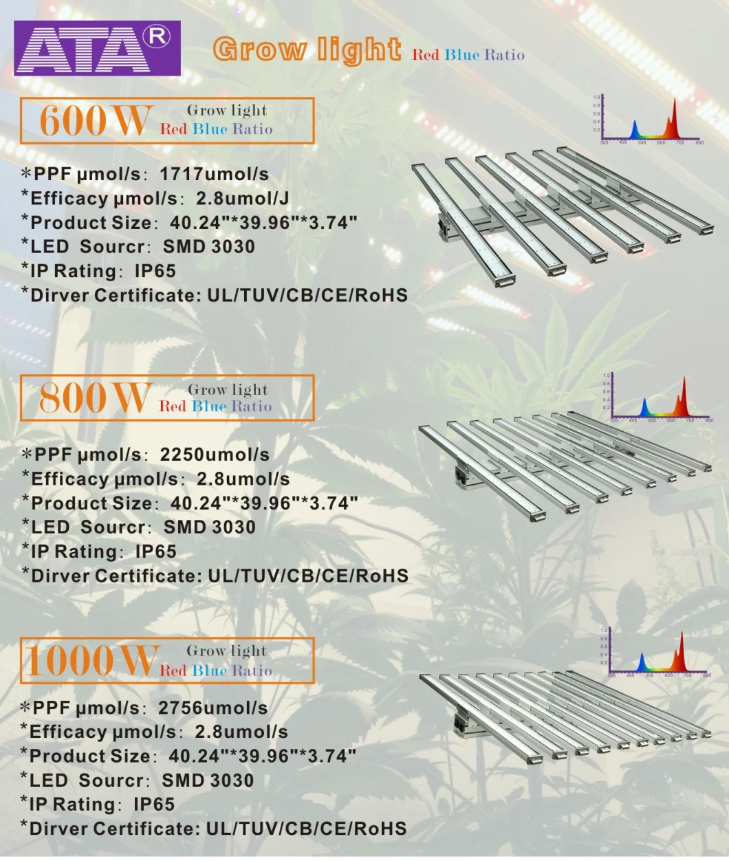 50W/75W/80W/100W/150W/300W/400W/450W/500W/600W/650W/700W/800W/900W/1000W/1200W/1500W COB/SMD LED Grow Light